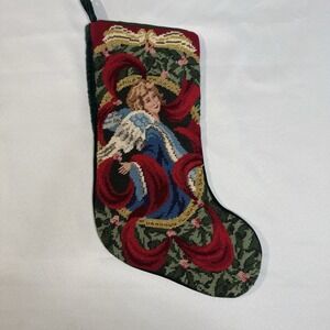 Vintage Christmas Needlepoint Stocking Wool Velvet Angel Beaded Green Metallic